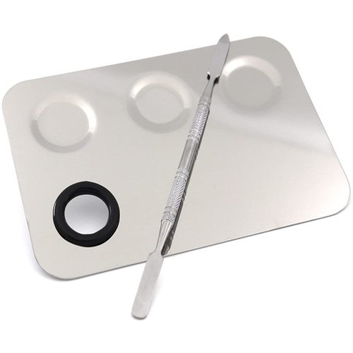 Miamay 6 by 4 Inches Makeup Palette Stainless Steel 3-dents Nail-art Cosmetic Artist Mixing Palette with 6 Inches Spatula Tool