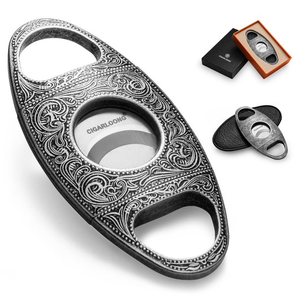 CIGARLOONG Cigar Cutter Stainless Steel Bronze Engraved Double Cut Blade (Color:Silver1)