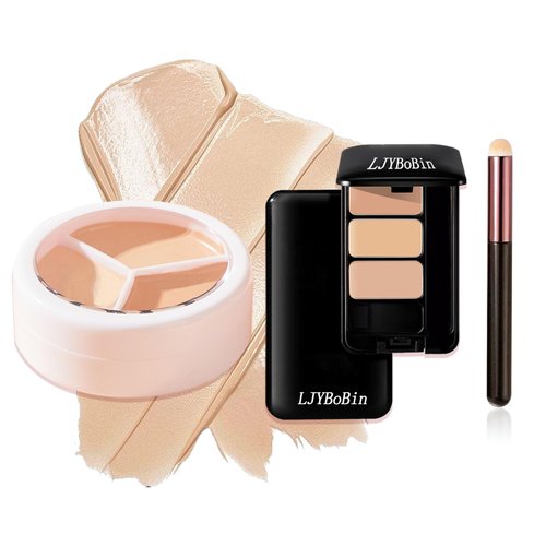 LJYBoBin 2PCS Tri Color Corrector Face Concealer Palette Set with Brush,Moisturizing Long Lasting Waterproof Color Correcting Concealer Full Coverage Cream Contour Foundation Makeup Palette Kit