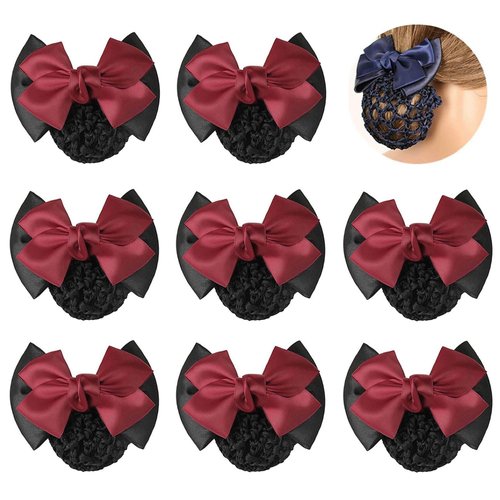 TXIN Women's Hair Accessories: Satin Bow Crochet Knit Red Snood with Bowknot Barrette, Non-slip Mesh Hair Clips for Work and Girls