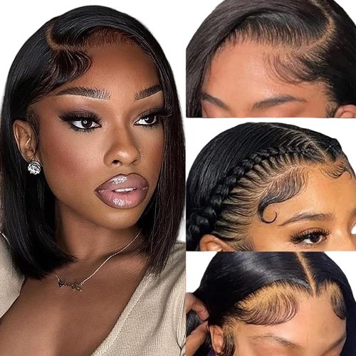 shangyinfa Bob Wig Human Hair Glueless Bob Wigs Human Hair Pre Plucked with Baby Hair Transparent Straight 13x4 Lace Front Bob Wigs Human Hair 180% Density Natural Black Color 12 Inch