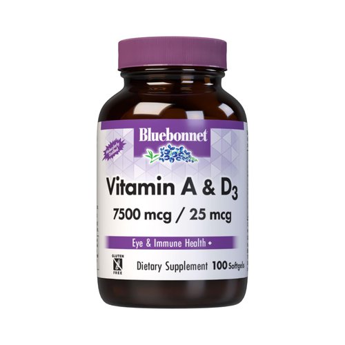 Bluebonnet Nutrition Vitamin A & D3 25,000 IU/1,000 IU from Deep Sea, Cold Water, Fish Oil - For Eye Health & Immune Function* - Gluten Free - Dairy Free - Molecularly Distilled - 100 Softgel/Servings