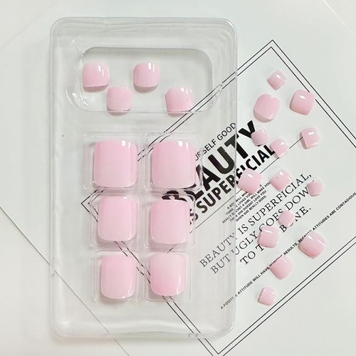 Nude Pink Press on Toenails Short Fake Toe Nails Fake Toenails with Nude Full Cover Toe Press on Nails Glossy False Toenails Solid Color Acrylic Stick on Toenails for Women Nail Decorations 24Pcs