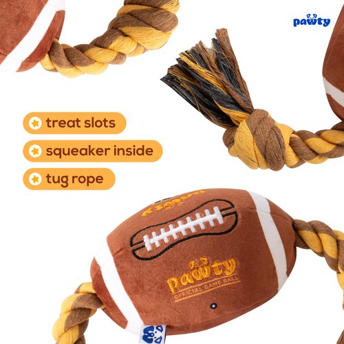 PAWTY Football - Plush Football Interactive Dog Toy - Durable Tug Rope for Tug Fetch with Squeaker - Aggressive Chewer for Teething Puppy - Sports Ball for Small Medium Pet Training Birthday Gift