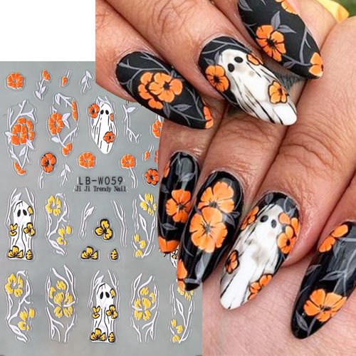 Halloween Nail Art Stickers Decals 5PCS Halloween Cute Ghost Flower Nail Stickers Skull Strawberry Spider Flower Nail Designs 5D Embossed Nail Decals for Acrylic Nails Manicure Decorations
