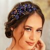 Formery Blue Flowers Crystal Headband Crystals Beads Floral Hairband Prom Party Wedding Handmade Copper Wire Beaded Flower Headpiece for Women and Girls