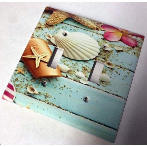 Trendy Accessories Decorative Sea Shells Pattern Print Image Design Plastic Double Light Switch Wall Plate (NOT A Decal) Actual Printed Outlet Cover