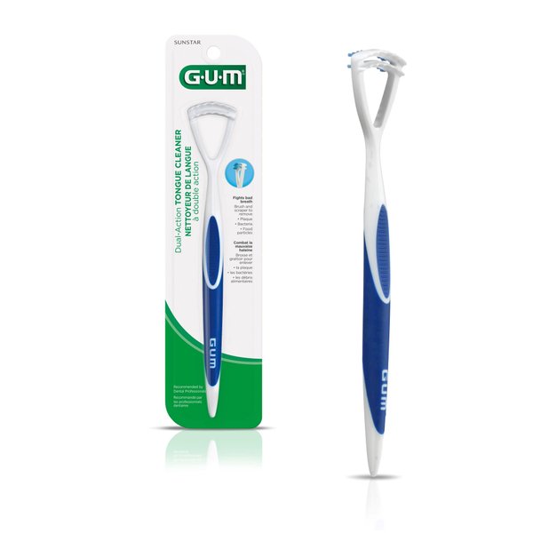 GUM Tongue Cleaner - Dual Action Soft Bristled Tongue Brush with Tongue Scraper for Better Oral Hygiene - Bad Breath Treatment (Pack of 1)