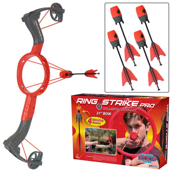 Funwares Patented Ring Strike Compound Bow and Arrow Launches Arrows Over 200 Feet, Includes 4 Whistling Foam-Tipped Arrows, Amazing Outdoor Toy