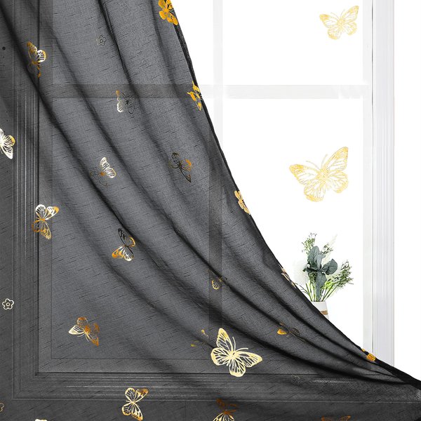 Jubilantex Black and Gold Butterfly Sheer Curtain Panels for Boys Girls Room, Linen Textured Metallic Print Patterned Voile Rod Pocket Curtain Drapes 84 Inch Long for Bedroom, 2 Panels