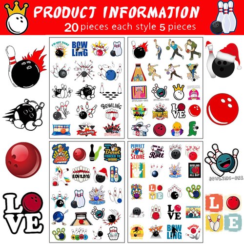 20 Sheets Bowling Temporary Tattoos Bowling Themed Birthday Party Favors Decorations Supplies for Kids Boys Girls Gifts Classroom School Prizes Rewards