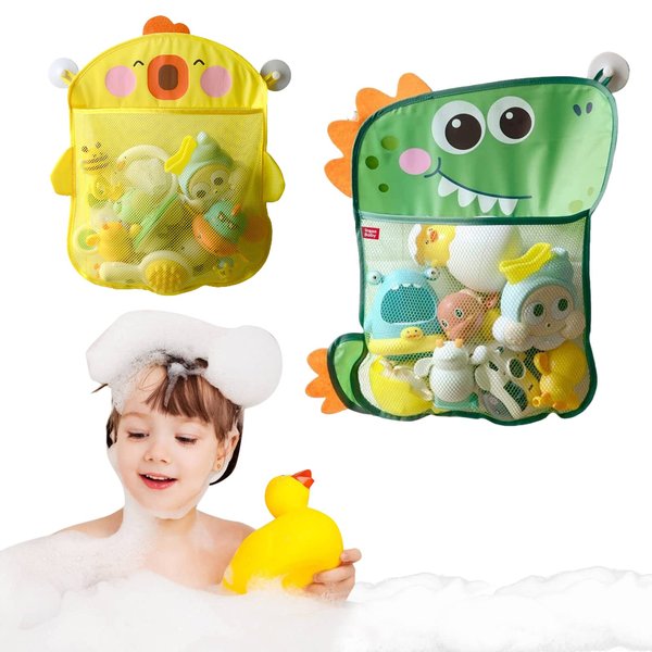 YSCEN 2 Pack Mesh Bath Toy Organizer, Duck & Dinosaur Extra Bath Toy Storage Net & 8 Strong Hooks, Cute Bathtub Toy Organizer and Bath/Shower Caddy Solution for Kids & Bath Toys for Toddlers 1-3