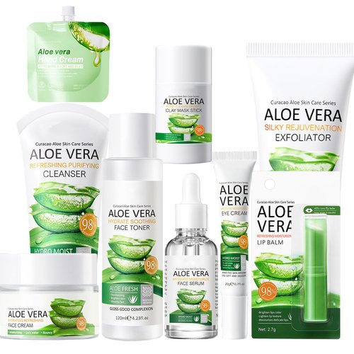 Rosarden 9Pcs Skin Care Products Set, Skin Care Gift Set for Women Girls, Aloe Vera Skin Care Sets, Face Care Kit with Cleanser, Clay Mask, Toner, Serum, Lip Balm, Eye Cream, Moisturizer, Hand Lotion