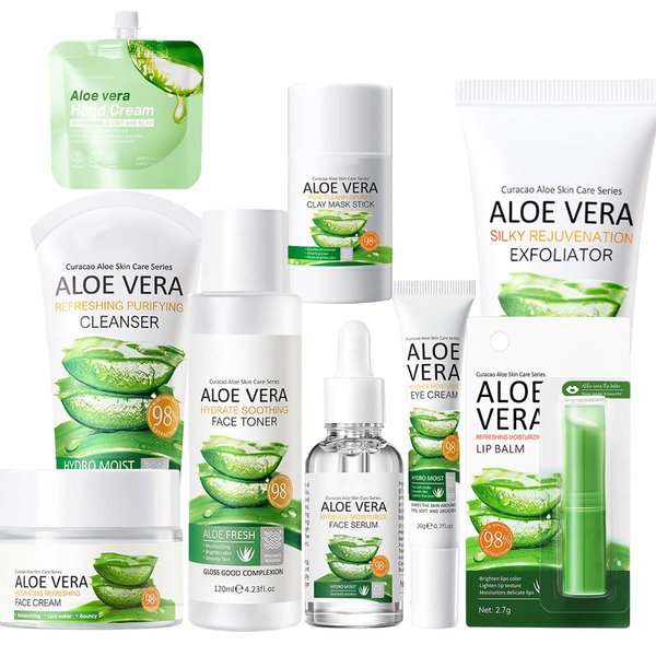 Rosarden 9Pcs Skin Care Products Set, Skin Care Gift Set for Women Girls, Aloe Vera Skin Care Sets, Face Care Kit with Cleanser, Clay Mask, Toner, Serum, Lip Balm, Eye Cream, Moisturizer, Hand Lotion