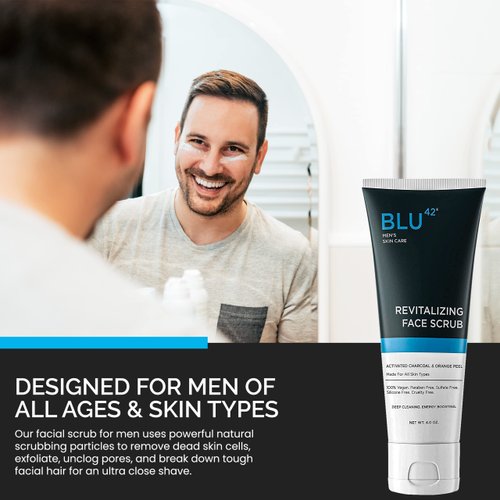 Blu42 Revitalizing Face Scrub for Men | Daily Exfoliating Face Cleanser | Activated Charcoal & Orange Peel | 4oz