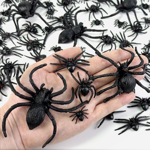 VOVEA Realistic Plastic Spiders Halloween Decorations, 70PCS Black Fake Spiders Halloween Spider Prank Props with 5 Styles & Sizes for Halloween Party Decorations Supplies