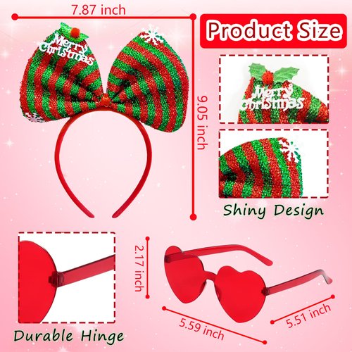 ONEPEACE Christmas Sequin Bow Headband with Heart Sunglasses, Perfect Costume Hair Accessories for Christmas Holidays Party Supplies (Red)