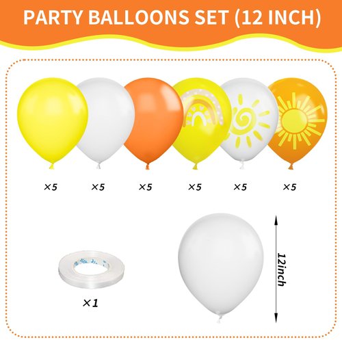 Sun Balloons, 12 inch Yellow Orange White Latex Balloons Boho Rainbow Sunrise Printed Latex Balloons Half Sun Sunshine Balloons for Sun Party Birthday Baby Shower Decoration Supplies