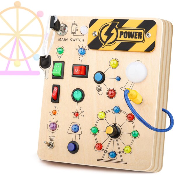 Hikoshi Montessori Busy Board for Toddlers 1-3 - Sensory LED Light Switch Busy Board Toy, Wooden Montessori Travel Toys for Toddler 1 2 3 4 Years Old Boys Girls