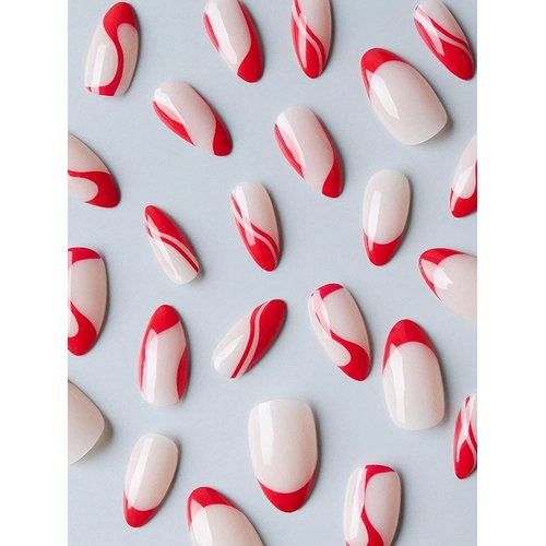 Red Press on Nails French Tip Fake Nails Almond Shape False Nails with Red Swirl Designs Full Cover Acrylic Nails Medium Stick on Nails Glossy Glue on Nails Red Nail Tip Cute Artificial Nails 24Pcs