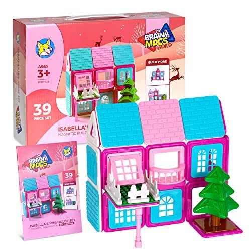 Play Brainy BrainyMags Magnetic Tiles Building Toys Isabella's Mini HouseSet with 39 Pieces 3D Magnetic Building Tiles - House Building STEM Educational Magnetic Toys for Kids Ages 3 and Up