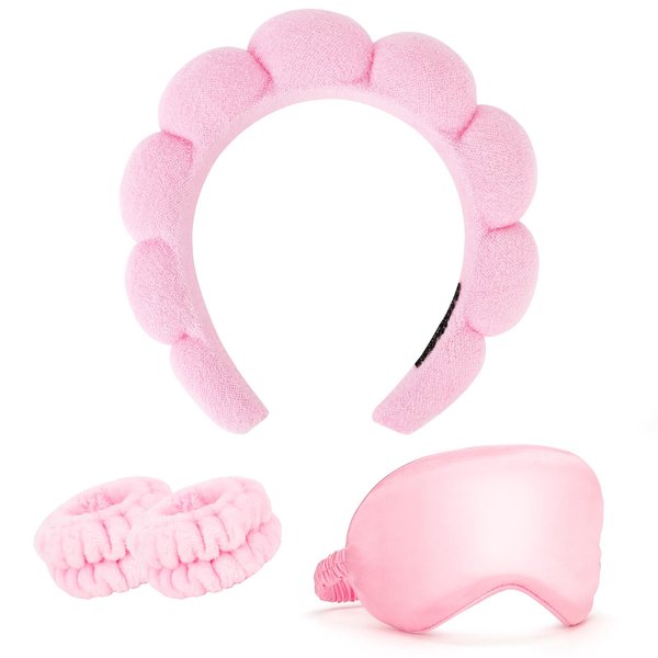 CAVETEE Spa Headband with Sleep Eye Mask Set, Spa Party Decorations Bubble Headband Thick Sponge Headband with Strong Water Absorption for Makeup Removal Skincare Shower (Pink)