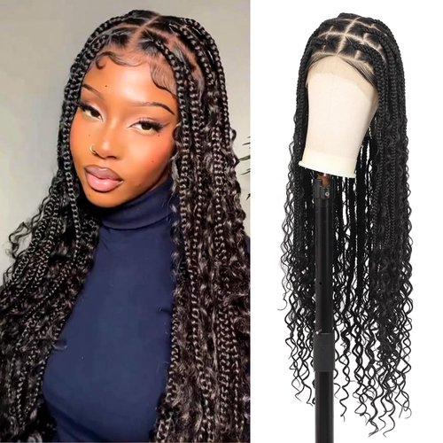 Esnccur 360° HD Full Lace Braided Wigs for Women Knotless Boho Braided Wig Box Braid Wig with Boho Curls Human Hair Blended Braided Lace Front Wig with Baby Hair 36 Inch Black