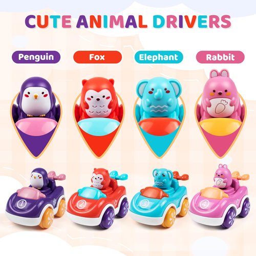 Cartoon Animal Friction Return Car, Inertia Power Car, Push Toy, 1-2-3 Year Old Kids, Puzzle Toy, 4 Adventure Toy Car, Toys for Boys and Girls