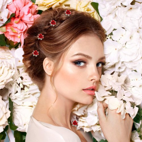Generic 20 Pieces Red Crystal Hair Pins Rose Flower Hair Clips U Shaped for Bride Women Girls Wedding Dance Birthday Hair Accessories