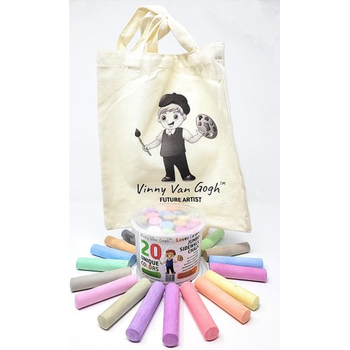 Vinny Van Gogh 20 Hot Colors Jumbo Sidewalk Chalk + Cute Tote bag > Toddlers Kids Adults > Safe Non-Toxic Washable Dustless > Award Winning Colors incl Black > Outside Driveway Street Pavement or Yard