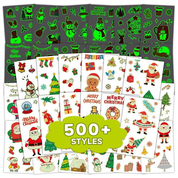 EMOME 525 styles Glow Christmas Temporary Tattoos for Kids, Christmas Stocking Stuffers Party Supplies Favors Decorations, Christmas Goodie Bag Stuffers Games Activities for Kids Boys Girls(56 Sheets)