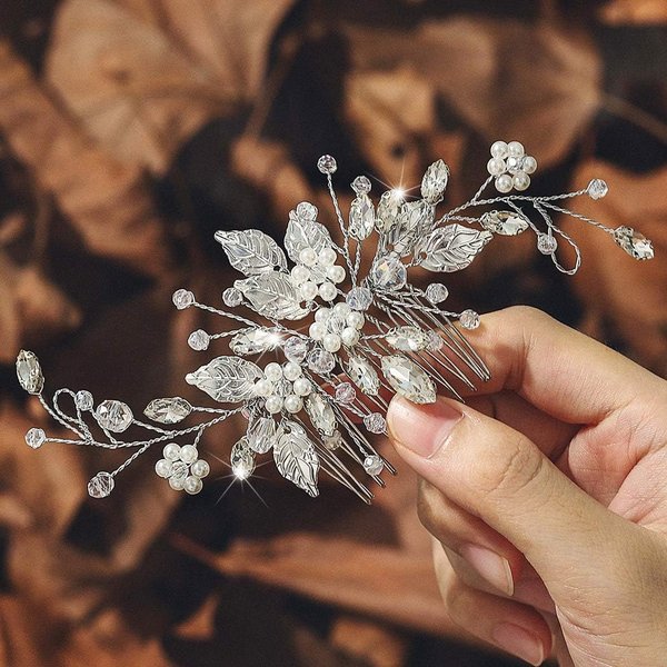 Jeairts Leaf Bride Wedding Hair Comb Rhinestone Pearl Bridal Hair Pieces Flower Headpiece Crystal Hair Accessories for Women and Girls (1-Silver)