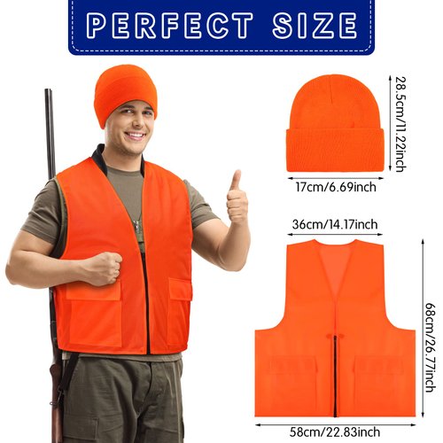 Jiuguva 6 Pcs Blaze Orange Vest Hunting Hat Vest and Cap for Men Women Outdoor Sports Traffic Works Fishing(Zipper Design)