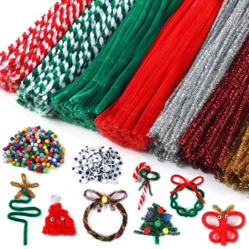 gisgfim 1000PCS Christmas Pipe Cleaners Craft Set Red Green White Chenille Stems 12inch Craft Supplies Bulk with Pom Poms Wiggle Google Eyes for DIY Art and Creative Gift Xmas Holiday Party Decoration