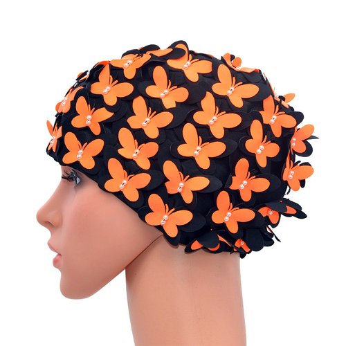 Medifier Vintage Swim Cap Floral Petal Retro Style Bathing Caps for Women Orange
