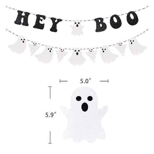 Hey Boo Banner Halloween Party Decorations, Glittery Ghost Banner Happy Halloween Party Supplies, Halloween Banner for Halloween Houses Doorways Indoor Outdoor Party Decorations(Black)