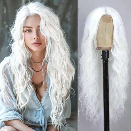 Sabosi Long White Wigs for Women 26 inch Hair Wig, White Wavy Wigs Heat Resistant Synthetic Wig W...
