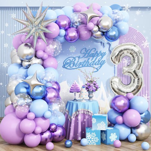 Frozen 3rd Birthday Decorations Girl, Frozen Snowflake Balloon Garland Arch Kit, Laser Explosion Star Balloons, Silver Number 3 Balloon Tower for Baby Shower Girls 3rd Frozen Elsa Theme Party Supplies