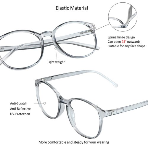 VisionGlobal Blue Light Blocking Glasses with Spring Hinge for Women/Men, Anti Eyestrain, Computer Reading, TV Glasses, Stylish Oval Frame, Anti Glare (Clear Gray, No Magnification)