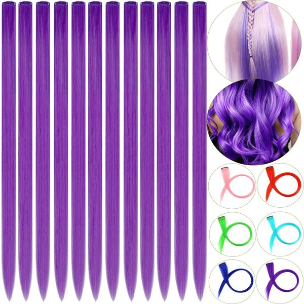 CLOEWCL 12 PCS Purple Hair Extensions Clip in, 22" Colored Hair Extensions, Highlights Colorful Hair Extensions, Synthetic Straight Hair Piece DIY Hair Accessories on Daily Party (Purple)