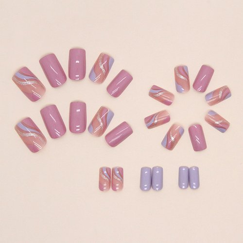 Short Square Fake Nails Pink Press on Nails Nude False Nails with Design Gold Line Purple Glossy Glue on Nails Full Cover Acrylic Stick on Nails for Women 24pcs