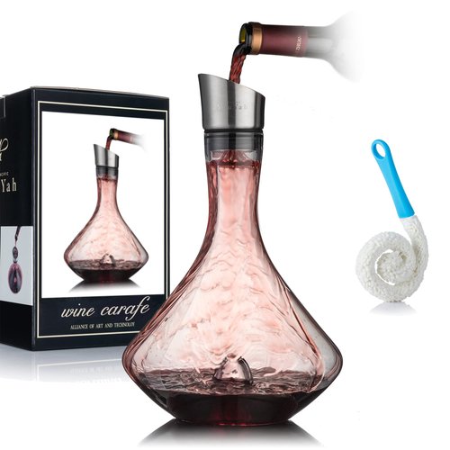YouYah Wine Decanter Set,Red Wine Carafe with Built-in-Aerator,Wine Aerator,Wine Gifts for Christmas,Stainless Steel Pourer Lid,Filter,100% Hand Blown Lead-free Crystal Glass