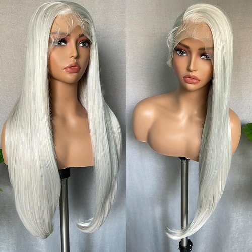 SOKU 13x4 Synthetic Lace Front Wigs Light Grey Long Straight Wigs with Baby Hair 32 Inch Free Part Lace Front Wigs Pre Plucked Heat Resistant Fiber Hair for Fashion Women