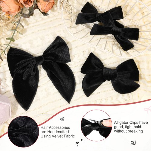 DEEKA 4 PCS Black Velvet Hair Bows 3 Styles 5" & 4" Handmade Hair Bow set for Toddler Girls Alligator Hair Clips Knot Bows Hair Accessories for Little School Girls (Black)