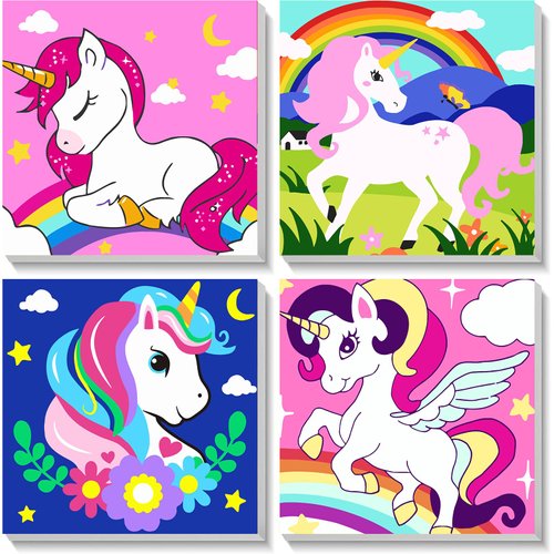xackcme 4 Pack Cartoon Paint by Number for Kids with Wooden Frame-Cartoon Paint by Numbers for Kids Ages 4-8-12,Easy Paint with Numbers DIY Acrylic Oil Painting Kits for Home Wall Decor(8X8inch)