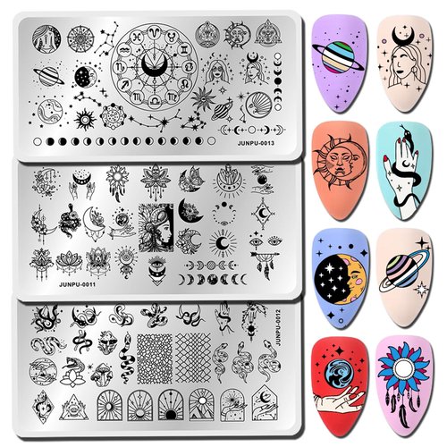 Star Moon Nail Stamping Plate 3pcs Starry Night Design Nail Stamper Plate Kit Snake Punk Nail Stamp Plates Flower Sun Geometric Nail Stamp Printing Nail Stencils for Nail Art Reusable