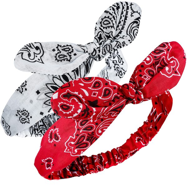 2 Pieces Bandana Headband for Women, Knot Retro Print Headbands Paisley Print Headband Headwrap Adjustable Headwrap(Red, White)