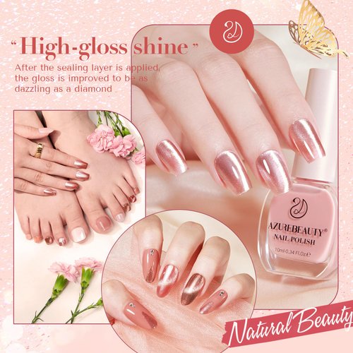 AZUREBEAUTY Cat Eye Nail Polish Set, 4 Colors Magnetic Nude Jelly Glitter Quick Dry Natural Vegan Nail Lacquer Strengthening Treatment Kit with Top Coat & Nail Polish Remover DIY Salon at Home