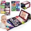 Tummy Time Floor Mirror with Crinkle Cloth Book and Teethers, Double-sided Baby Mirror Black and White High Contrast Baby Toys, Folding Crawling Activity Mat for Infants 3 6 12 Months (B-Mirror+Book)