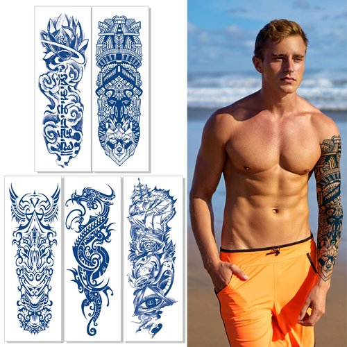 Aresvns Semi Permanent Sleeve tattoos for Men and women, Realistic Temporary Tattoos Full Arm Waterproof & Long-Lasting 2-3 Weeks Christmas Gift Dark Blue